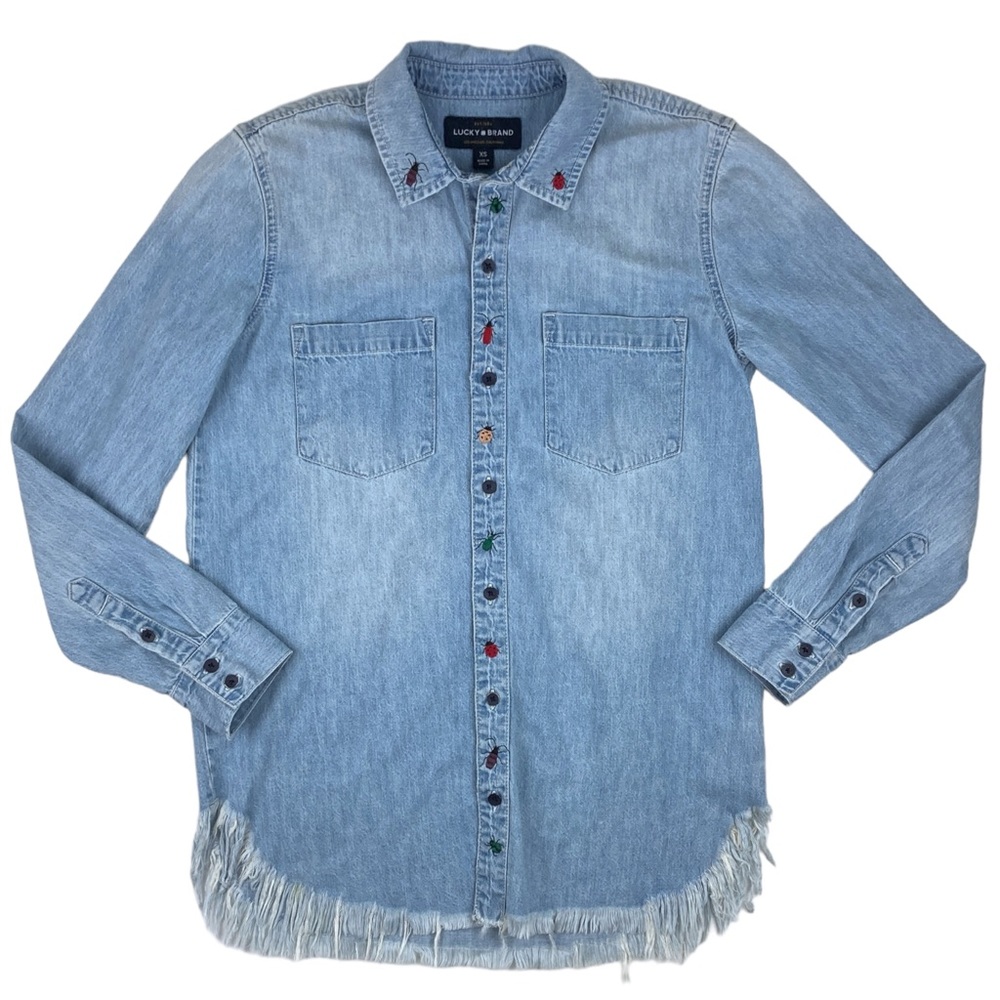 Lucky Brand Womens XS denim Shirt embroidered Bugs Cotton Button Up Light Wash‎